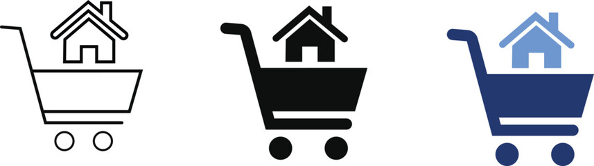 House shopping cart symbol. Simple pictogram for buying property, real estate purchase, housing market, residential sale and online home buying service.  Home purchase icon.  © SOHIDUL