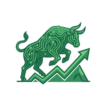 Tech Bull Charging Upward: A green bull, designed with integrated circuit patterns, symbolizes technological advancement and market growth, triumphing over financial charts.