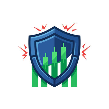Secure Growth Icon: A stylized shield emblazons a rising stock market chart, symbolizing financial security and investment growth, depicted with vibrant colors and dynamic lines.