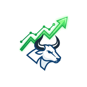 Bull Market Symbolism: A powerful bull head illustration with horns, symbolizing a strong market trend, is accompanied by a vibrant green arrow graph indicating upward growth and progress.