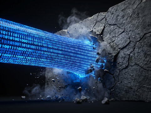 A glowing blue stream of binary code breaks through a cracked, dark rock wall, symbolizing digital data strength and impact in modern technology.