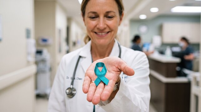Doctor holding teal ribbon for ovarian cancer awareness campaign