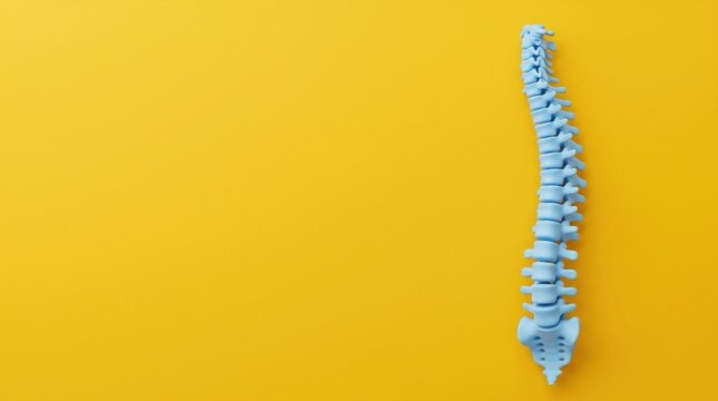 Human spine anatomy model on yellow background healthcare and medical concept