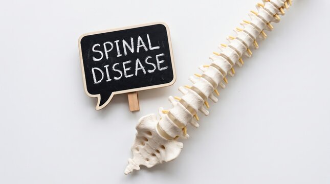Spinal disease concept with anatomical spine model and chalkboard