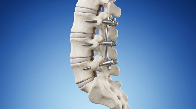 Spinal fusion surgery illustration stabilized vertebrae with pedicle screws