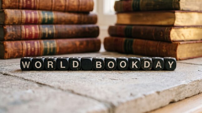 Vintage novels and wooden letter blocks for world book day