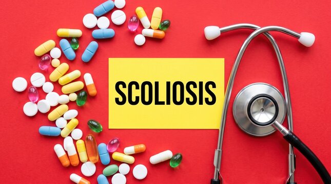 Scoliosis diagnosis and treatment pills stethoscope and medical concept