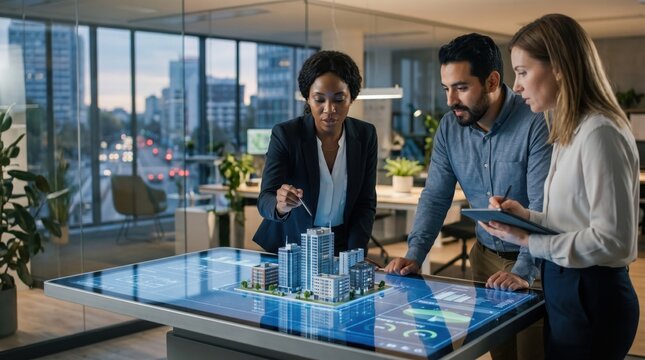 Professional architects and urban planners discussing a futuristic city model on a digital interactive table in a modern office with glass walls and skyline view.