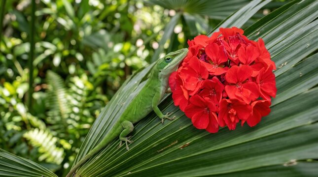 Green anole lizard resting on vibrant red geranium flowers in lush garden
