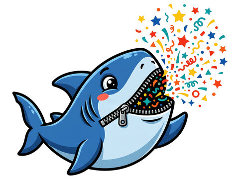 Cute cartoon shark with zipper mouth exploding with colorful confetti and stars, symbolizing surprise and joy, perfect for playful and vibrant designs.