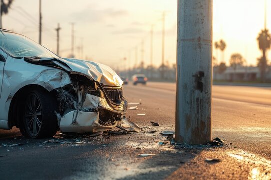 white car crashed into a utility pole on an empty urban road at sunset, smashed front and scattered debris, tense accident aftermath