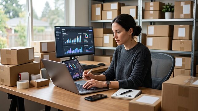 Entrepreneur Managing Online E-Commerce Business from Modern Office