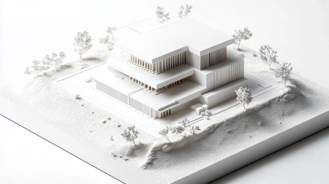 white scale architectural model of a modern stacked building with layered terraces, surrounding textured site, miniature trees and a calm minimalist atmosphere
