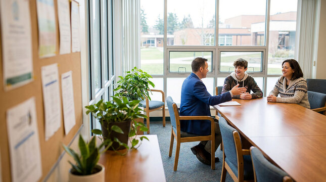 High school counselor meeting with a male student and his mother in the office to discuss student mental health support and academic success