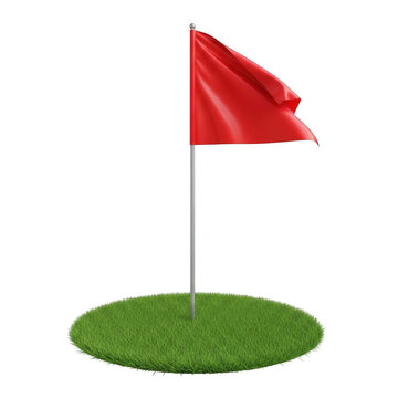 Red golf flag waving on a green grass hole isolated on a white background isolated on transparent background