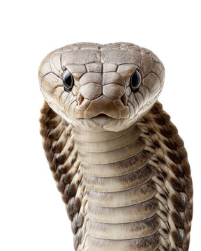 Front view close up of cobra with raised hood and detailed scales isolated on transparent background