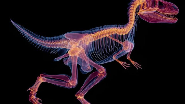 Detailed dinosaur anatomy illustration, vibrant glowing colors, dynamic pose, semi-transparent bone structure, muscular system, scientific educational style, black background contrast, digital