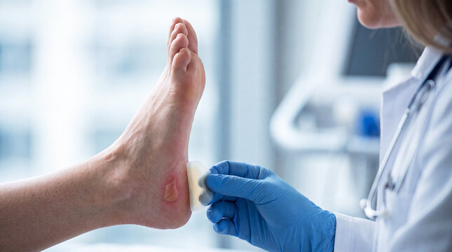 Healthcare professional applies a hydrocolloid dressing to a painful friction blister on the heel during professional foot treatment in a modern medical clinic. 