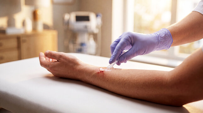 Healthcare professional applies transparent healing gel to a superficial forearm laceration during professional wound treatment in a modern medical clinic. 