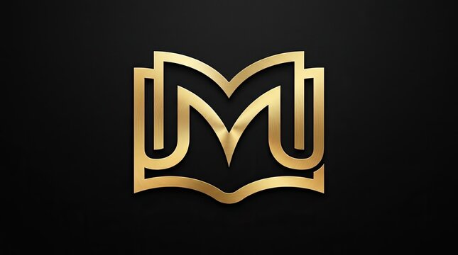 Gold letter M logo with open book shape.