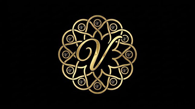 Gold letter V monogram within circular mandala pattern.