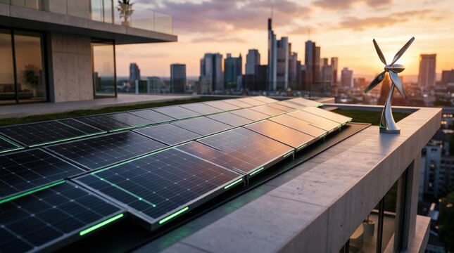 Modern residential rooftop equipped with solar panels and small wind turbine against city skyline at sunset, showcasing renewable energy integration and sustainable living archi...