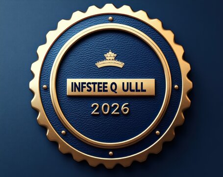 luxurious gold and navy blue embossed circular seal with crown emblem plaque reading infstee q ull and year 2025 conveying prestige and official elegance