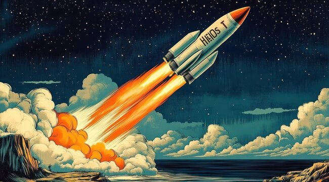 Rocket with twin boosters lifting off from rocky coastline into a starlit night sky, roaring orange exhaust and billowing clouds over calm ocean, triumphant adventurous mood