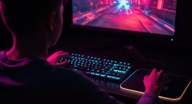 Gamer playing video game on computer with neon lights in dark room.