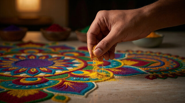 Person's hand sprinkling colorful powder to create a traditional Rangoli art pattern.