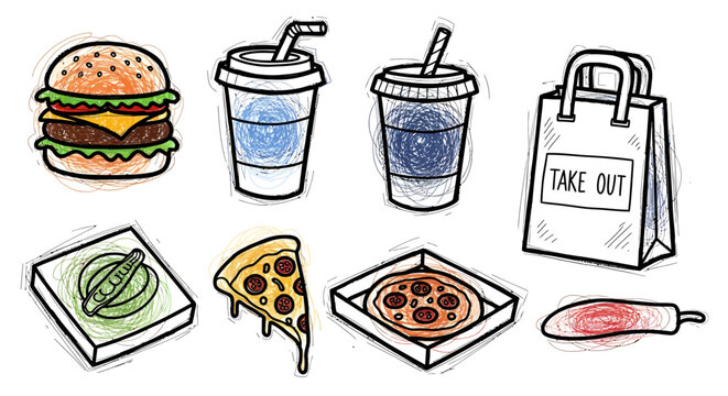 Fast food collection illustration - burger, pizza, drinks, and takeaway bag