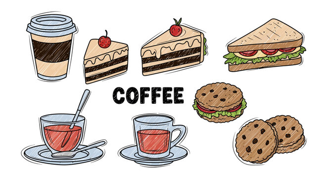 Hand Drawn Coffee and Bakery Food Set with Cakes and Sandwiches