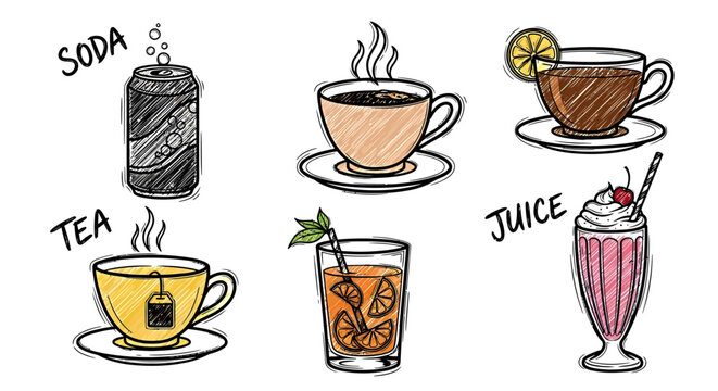 Hand drawn sketches of various refreshing beverages like soda, tea, and juice