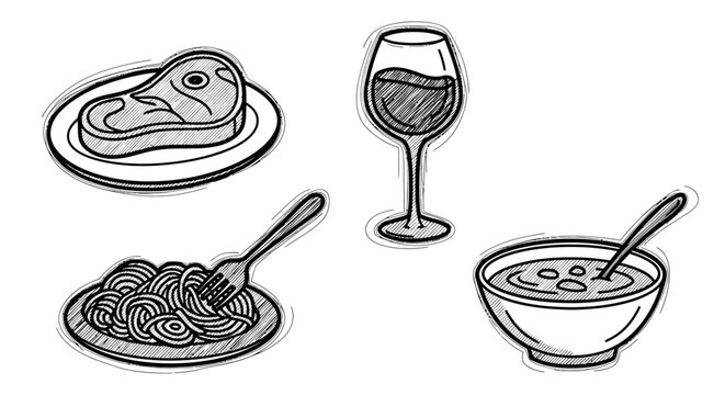Hand-drawn Food and Drink Sketches for Restaurant Menu Design