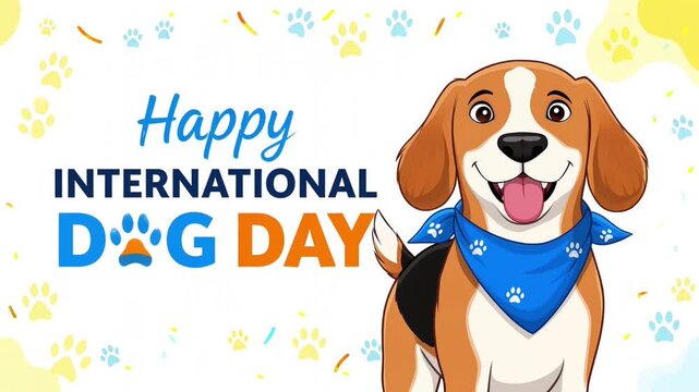 Happy International Dog Day illustration featuring a cheerful beagle wearing a bandana, surrounded by paw prints and confetti, celebrating canine companionship.