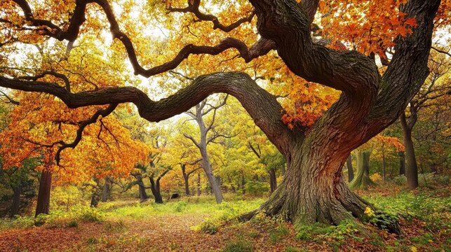 Majestic ancient oak tree with vibrant orange and yellow autumn foliage in a serene woodland path