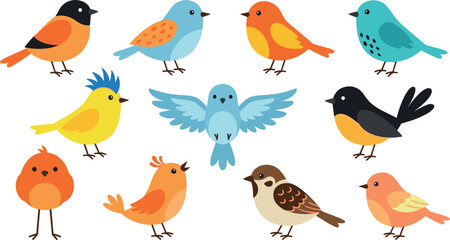 Fototapeta premium Cute Cartoon Little Birds Vector Icon Set with Isolated Colorful Sparrows Bluebirds and Robins Collection for Kids and Nature Graphic Designs