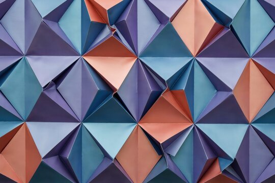 Three dimensional geometric wall panel featuring a repeating pattern of folded triangular pyramids in shades of blue, purple, and soft peach tones