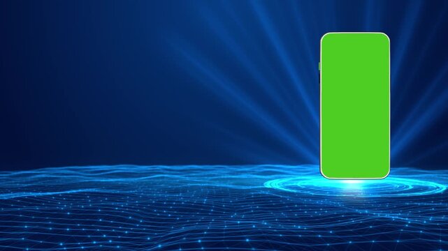 Mobile app mockup green screen visual with glowing blue stage, network grid floor, and blank display. Perfect for product demos, app promos, presentation videos, and overlays.