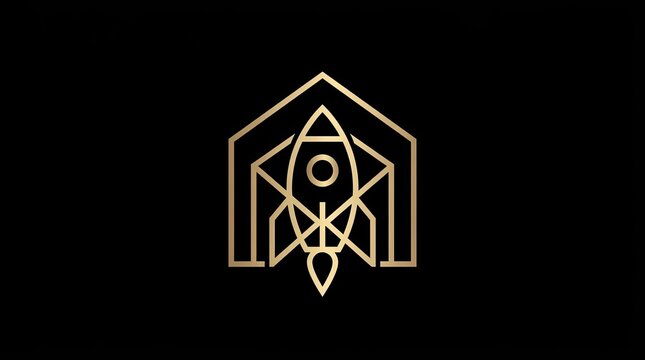 Gold rocket ship in geometric house frame.