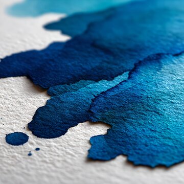 Abstract blue watercolor splashes on white paper, fluid ink strokes creating a dynamic texture
