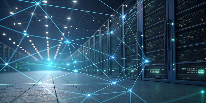 Abstract global digital network connected to server room data
