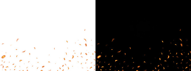 Golden fire sparks glowing ember particles rising and floating in the air perfect for realistic overlay designs featuring PNG, Transparent and Black Background Versions © Tanay