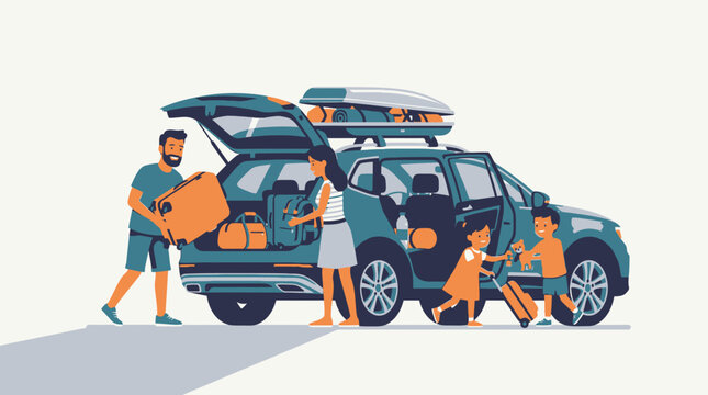 Family packing car for summer road trip vacation. Parents and kids loading luggage into SUV with roof box, ready for travel adventure.