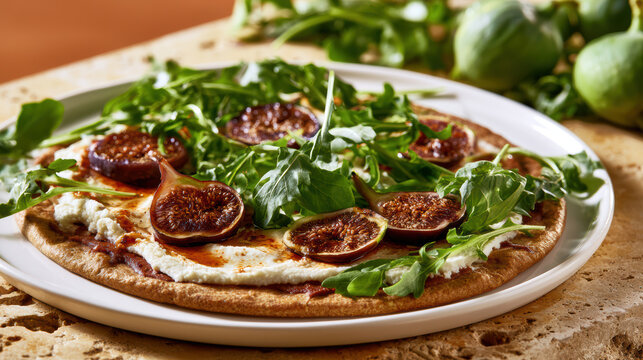 transparent sprouted grain flatbread pizza with fresh toppings