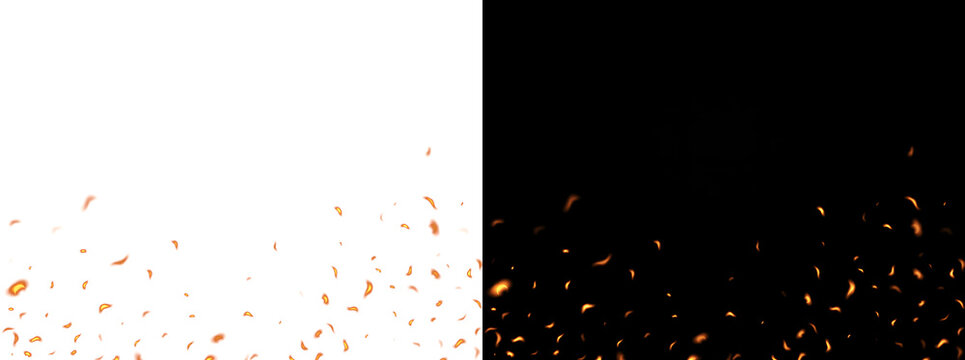 Golden fire sparks glowing ember particles rising and floating in the air perfect for realistic overlay designs featuring PNG, Transparent and Black Background Versions