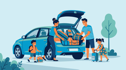 Fototapeta premium Family loading luggage into car for vacation trip, happy parents and children ready for adventure and travel