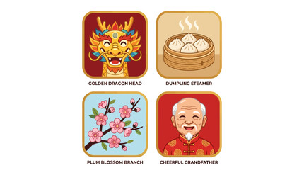 Fototapeta premium Chinese New Year Icons: Dragon, Dumplings, Plum Blossom, Grandfather