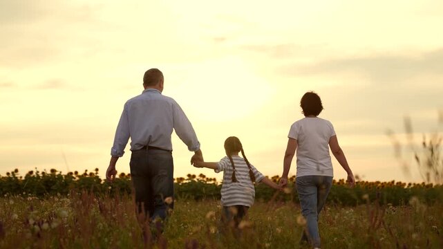 Family Walks child girl kid childhood dream outdoors Sunset, Parents mother father man woman parent Child Holding Hands Nature, Happy Family Time Together, Togetherness Countryside, Peaceful Evening