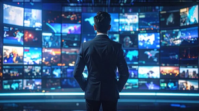 A man in a suit looks at a wall of screens. Monitors show diverse data